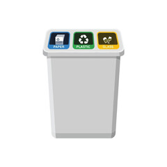 A white recycling bin with three separate compartments for paper, plastic, and glass, each clearly labeled with icons and colors.