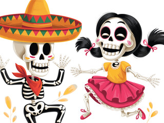 Day of the Dead dancing skeletons, festive Mexican celebration, colorful cartoon characters, Dia de los Muertos, traditional costume vector