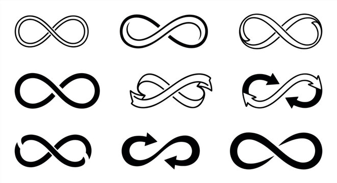 Infinity symbol vector icon set illustrating endless perpetual loop, cycle, eternity, and unlimited flow in minimal flat design