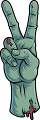 Zombie hand peace sign illustration, cartoon horror design, grunge undead arm with rose, creepy scary gesture, gothic Halloween art