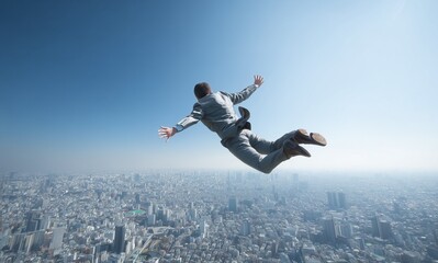 Businessman Jumping into the Sky Above Cityscape
