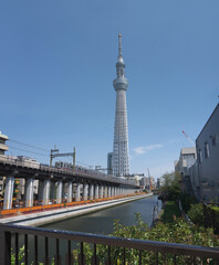 Obraz premium Elevated metro train and tower in Sumida Tokyo district