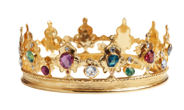 Golden crown with colorful gemstones.  Ornate, circular crown with gold band and numerous gemstones.  Colorful jewels adorn the band.  Isolated on black