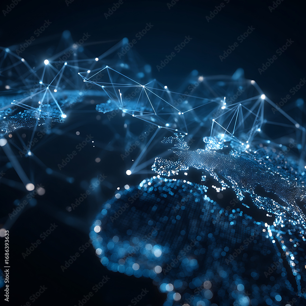 Poster global digital network connecting continents with glowing data points and futuristic light lines acr