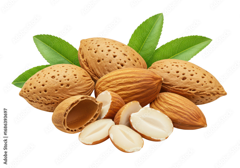 Aufkleber almonds in shell and kernels with leaves isolated on transparent background