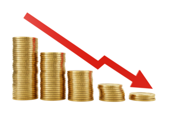Gold coins decreasing graph financial decline economic crisis downward trend currency investment loss revenue budget cost