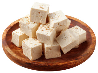 Cubes of firm tofu piled on a wooden plate