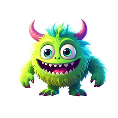 Fuzzy, green cartoon monster with horns, big eyes, and an open mouth showing sharp teeth 