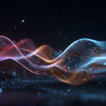 Dynamic glowing abstract waves of colorful particles flowing through space creating a futuristic digital network visualization