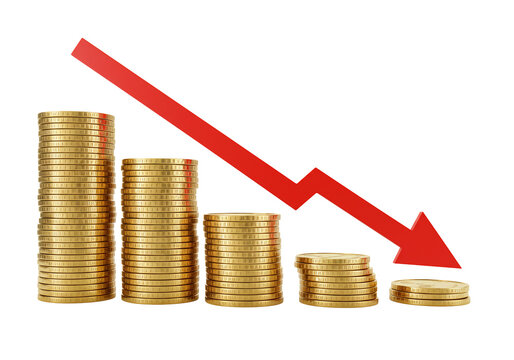 Gold coins decreasing graph financial decline economic crisis downward trend currency investment loss revenue budget cost