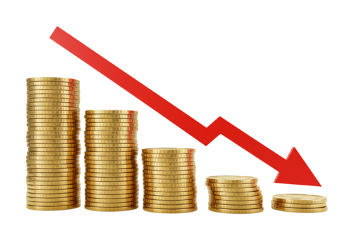 Gold coins decreasing graph financial decline economic crisis downward trend currency investment loss revenue budget cost - Powered by Adobe