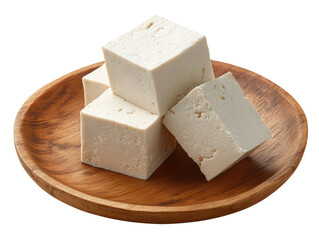 Three cubes of firm tofu on a wooden plate
