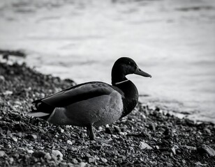 Monochromatic duck by water's edge