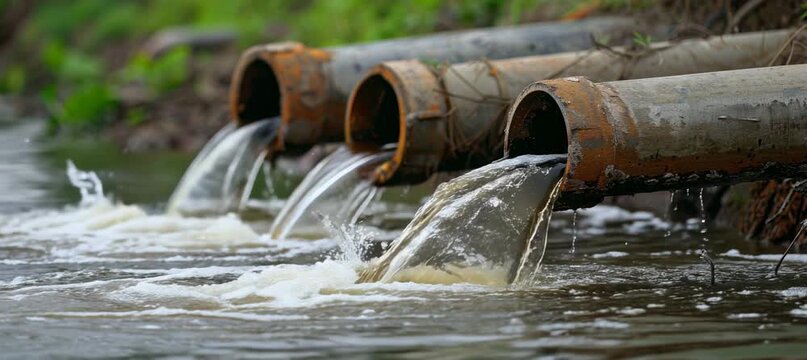 Toxic waste water sewer. Environment waste polluted damage. Generative video AI technology.	
