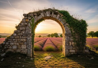 Obraz premium Beautiful stone archway overlooking a field of lavender at sunset in provence