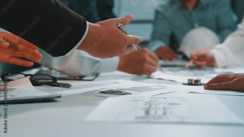 Poster a group of diverse professionals engages in a dynamic business meeting, analyzing charts and data on