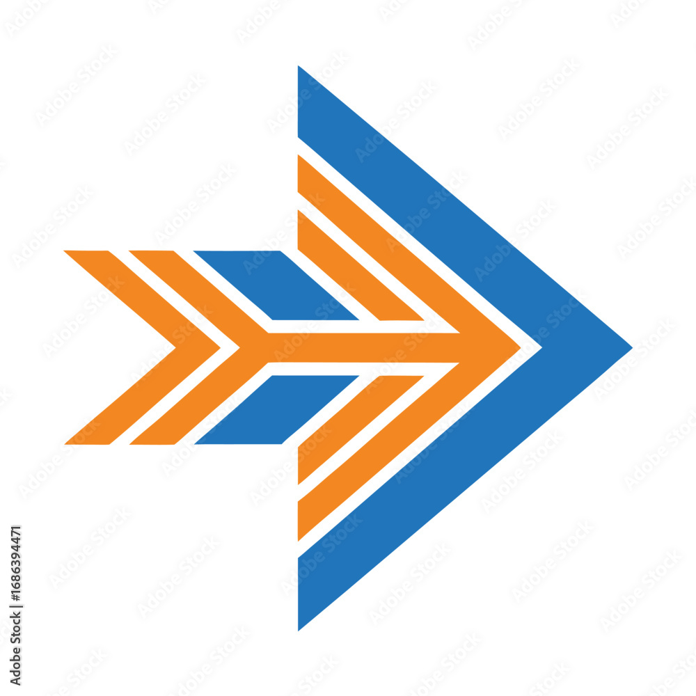 Poster blue and orange arrow shape with parallel lines on white background direction forward