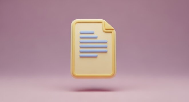 Yellow document icon with text lines floating on a pink background
