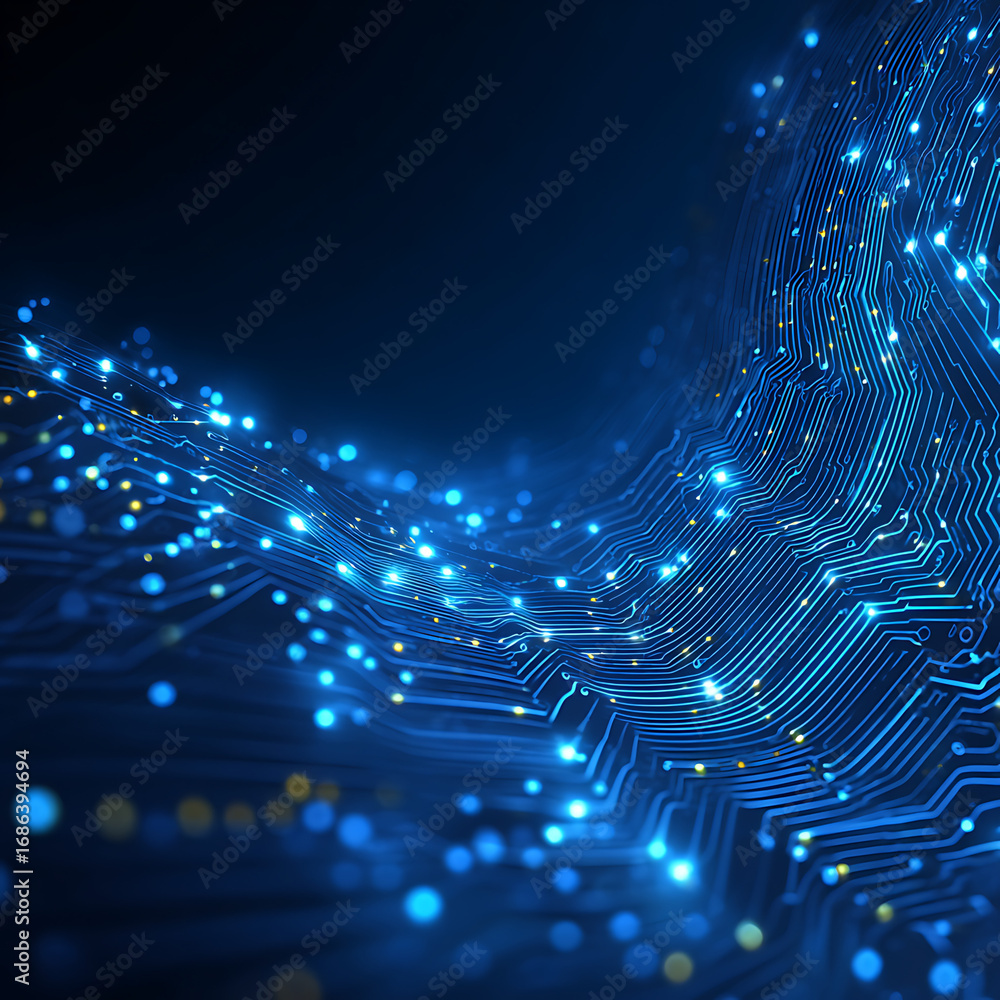 Poster dynamic glowing circuit board lines illuminate with vibrant blue and gold energy, representing digit