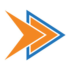Orange and blue abstract arrow shapes on a white background graphic