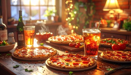 Hot pepperoni pizza with melted cheese and basil, served with fries and cold beer on a wooden table in a cozy pub setting.
