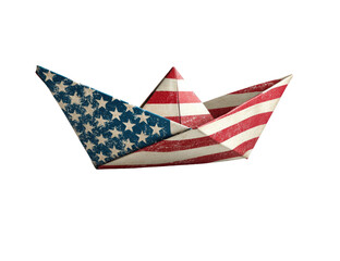 A paper boat, crafted to resemble the American flag, with a distressed, vintage aesthetic.  The origami vessel is displayed against a black background, highlighting its patriotic design