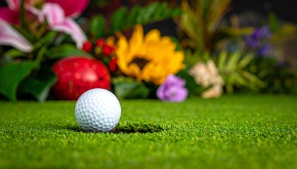 Naklejka premium A close-up of a golf ball near the hole on vibrant green grass, with colorful decorations blurred in the background.