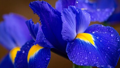 Dew-kissed blue iris blossoms close-up