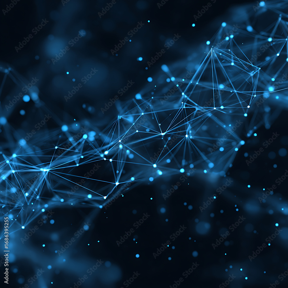Poster captivating abstract network of glowing blue nodes and lines symbolizing global connection and digit