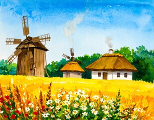 Watercolor painting of a countryside scene
