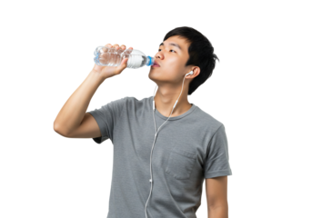 Man drinking water listening to music transparent background