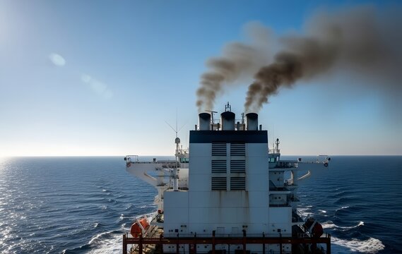 Industrial cargo ship smokestacks emitting thick black exhaust smoke.