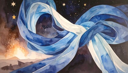 Abstract watercolor of flowing fabric against a night sky