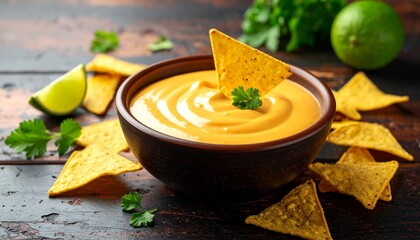 Creamy cheese dip garnished with fresh herbs, served with crispy tortilla chips on a rustic wooden table.