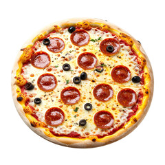 PNG Delicious pepperoni pizza with olives, isolated on transparent background