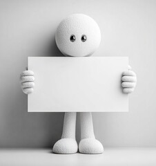 Cute white 3D character holding empty sign, minimalist design with gray background, full body portrait with round ears and no facial features, for UI design, advertising templates