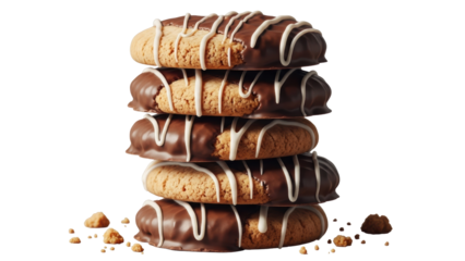 Stack of chocolate-dipped cookies with icing drizzle