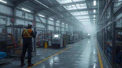 Worker in futuristic industrial factory hallway