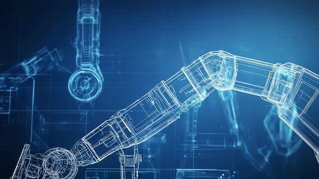 Robotic arm performing industrial automation tasks in a blue background