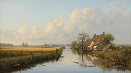 Peaceful dutch canal scene with farmhouse and fields