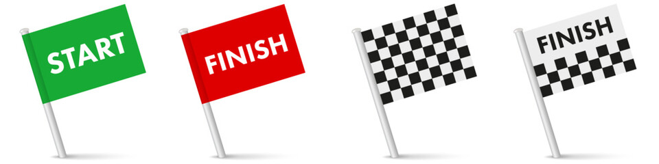 Start and finish map pointer pin flags green and red flag. Finish map pointer pin flags. Checkered racing flag. 3D realistic vector illustration isolated on white.