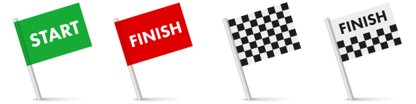 Start and finish map pointer pin flags green and red flag. Finish map pointer pin flags. Checkered racing flag. 3D realistic vector illustration isolated on white.