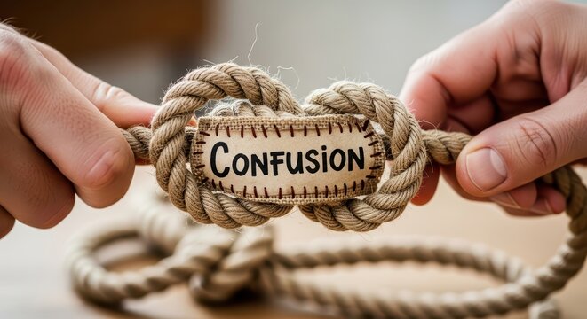 Hands holding a rope tied in a knot with a confusion label for problem solving