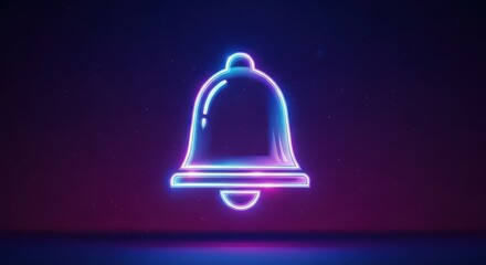 Neon bell icon glowing on a dark purple and blue gradient background
