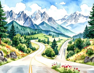 Watercolor painting of a scenic mountain road
