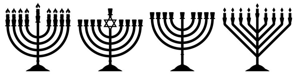 Menorah silhouette set. Traditional candlestick empty and with burning candles. Flat vector illustration isolated on white background.