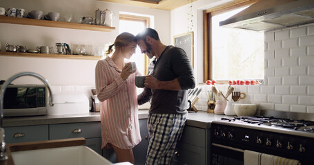 Love, smile and happy couple with coffee in kitchen for bonding, connection or conversation...