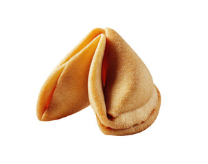 Close-up of a fortune cookie, golden-brown, folded in half, revealing a glimpse of the inside
