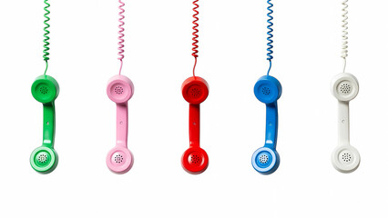 Colorful vintage telephone handsets hanging communication retro phones old style telephone receivers handsets  100 on transparent background