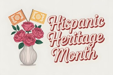 Obraz premium Hispanic heritage month text with floral arrangement and small flags on a light background